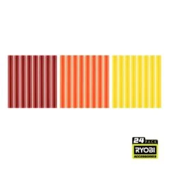 Ryobi 24PC Full Size Color Glue Sticks (Red, Orange, Yellow)