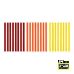 Ryobi 24PC Mini Size Color Glue Sticks (Red, Orange, Yellow)