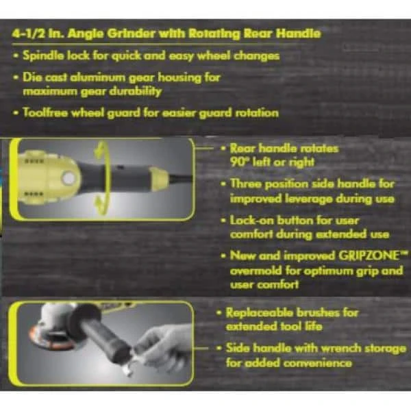 Ryobi 7.5 Amp 4.5 In. Corded Angle Grinder 7 Ryobi 7.5 Amp 4.5 In. Corded Angle Grinder - Image 7