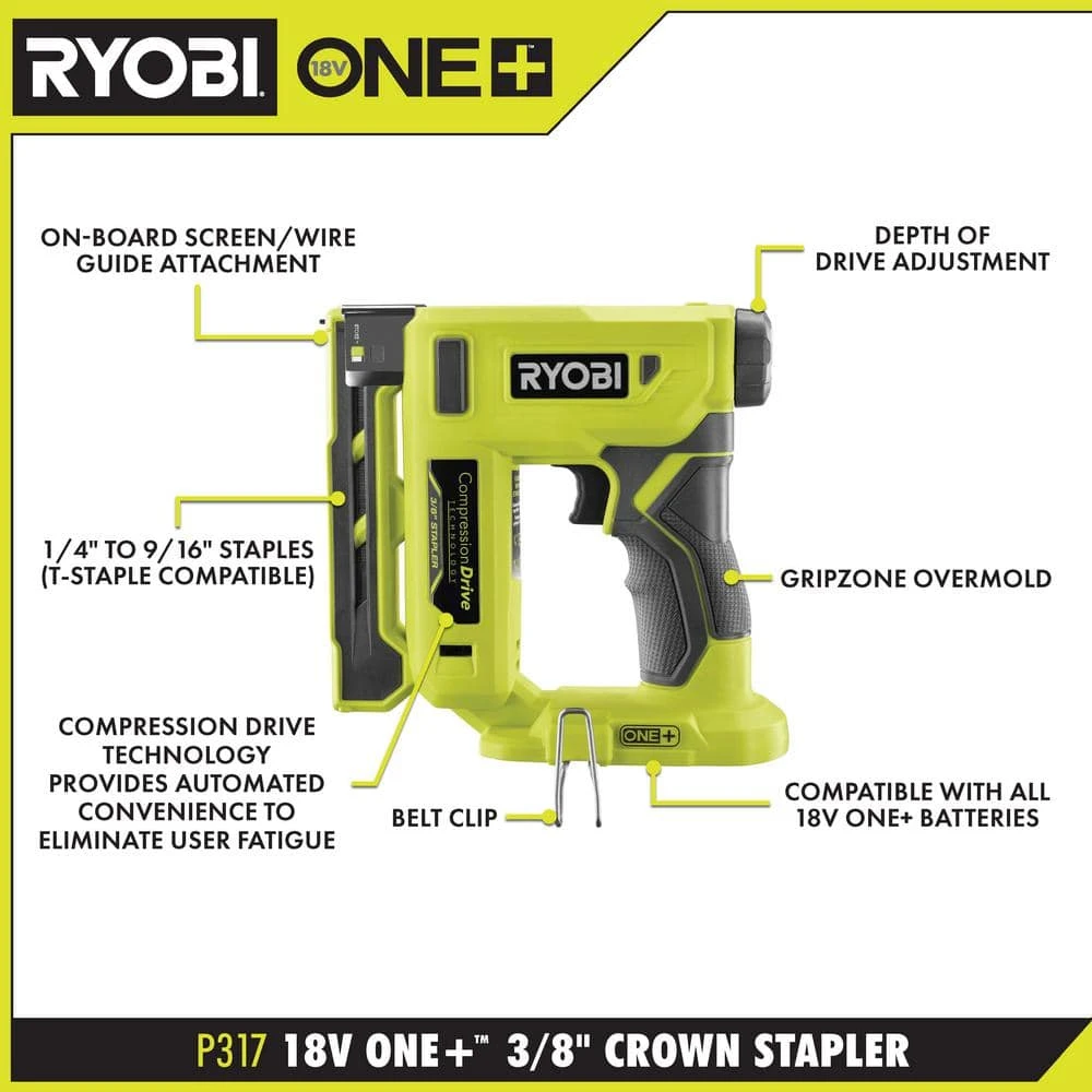 Ryobi ONE+ 18V 18-Gauge Cordless AirStrike Brad Nailer With Cordless Compression Drive 3/8 In. Crown Stapler (Tools Only) 4 Ryobi ONE+ 18V 18-Gauge Cordless AirStrike Brad Nailer With Cordless Compression Drive 3/8 In. Crown Stapler (Tools Only) - Image 4