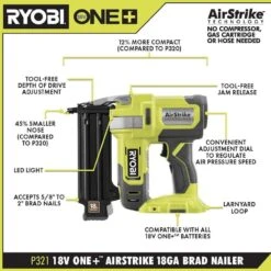 Ryobi ONE+ 18V Cordless 18-Gauge Brad Nailer Kit With 2.0 Ah Compact Battery And Charger -Ryobi Store ryobi brad nailers p321 psk005 40 1000