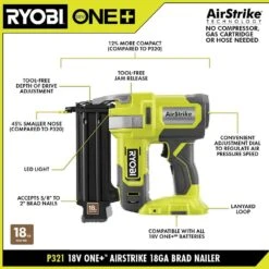 Ryobi ONE+ 18V 18-Gauge Cordless AirStrike Brad Nailer With 4.0 Ah Battery And Charger -Ryobi Store ryobi brad nailers p321k1 40 1000