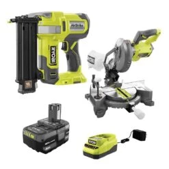 Ryobi ONE+ 18V 18-Gauge Cordless AirStrike Brad Nailer With Cordless 7-1/4 In. Miter Saw, 4.0 Ah Battery, And Charger