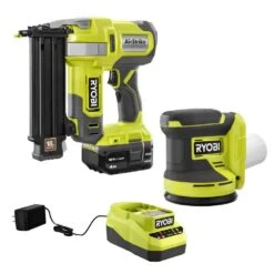 Ryobi ONE+ 18V 18-Gauge Cordless AirStrike Brad Nailer With Cordless 5 In. Random Orbit Sander, 4.0 Ah Battery, Charger