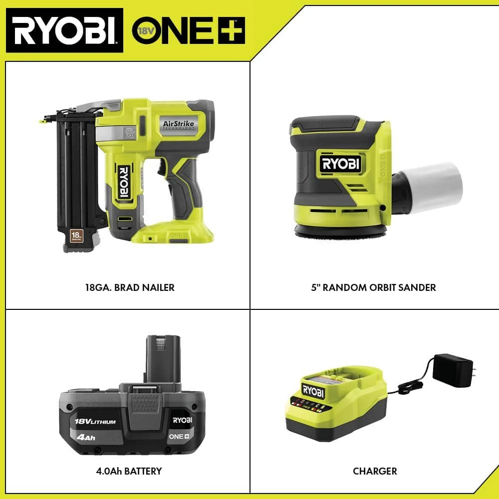 Ryobi ONE+ 18V 18-Gauge Cordless AirStrike Brad Nailer With Cordless 5 In. Random Orbit Sander, 4.0 Ah Battery, Charger 2 Ryobi ONE+ 18V 18-Gauge Cordless AirStrike Brad Nailer With Cordless 5 In. Random Orbit Sander, 4.0 Ah Battery, Charger - Image 2