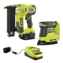 Ryobi ONE+ 18V 18-Gauge Cordless AirStrike Brad Nailer With Cordless Corner Cat Finish Sander, 4.0 Ah Battery, Charger