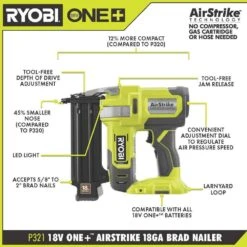 Ryobi ONE+ 18V 18-Gauge Cordless AirStrike Brad Nailer Kit With 2.0 Ah Battery And Charger 10 Ryobi ONE+ 18V 18-Gauge Cordless AirStrike Brad Nailer Kit With 2.0 Ah Battery And Charger -Ryobi Store ryobi brad nailers p321k2 40 1000