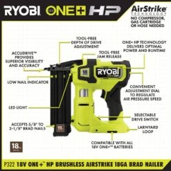 Ryobi ONE+ HP 18V 18-Gauge Brushless Cordless AirStrike Brad Nailer With ONE+ HP Brushless 7-1/4 In. Circular Saw (Tools Only) -Ryobi Store ryobi brad nailers p322 pblcs300b 40 1000