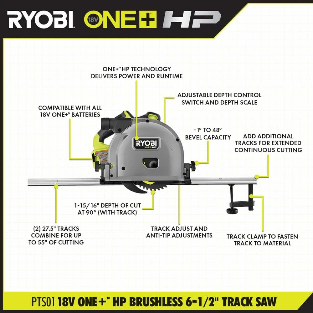 Ryobi ONE+ HP 18V Brushless Cordless 6-1/2 In. Track Saw (Tool Only) With 55 In. Track Saw Track 3 Ryobi ONE+ HP 18V Brushless Cordless 6-1/2 In. Track Saw (Tool Only) With 55 In. Track Saw Track - Image 3