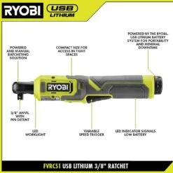 Ryobi USB Lithium 3/8 In. Ratchet Kit With 2.0 Ah Battery And USB Charging Cable With FREE USB Lithium 2.0 Ah Lithium Battery -Ryobi Store ryobi cordless ratchets fvrc51k fvb02 40 1000