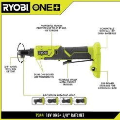 Ryobi ONE+ 18V Cordless 3/8 In. Ratchet Kit With (1) 18V 2.0 Ah Battery, (1) 18V 4.0 Ah Battery, And Charger -Ryobi Store ryobi cordless ratchets p344k2sb 40 1000
