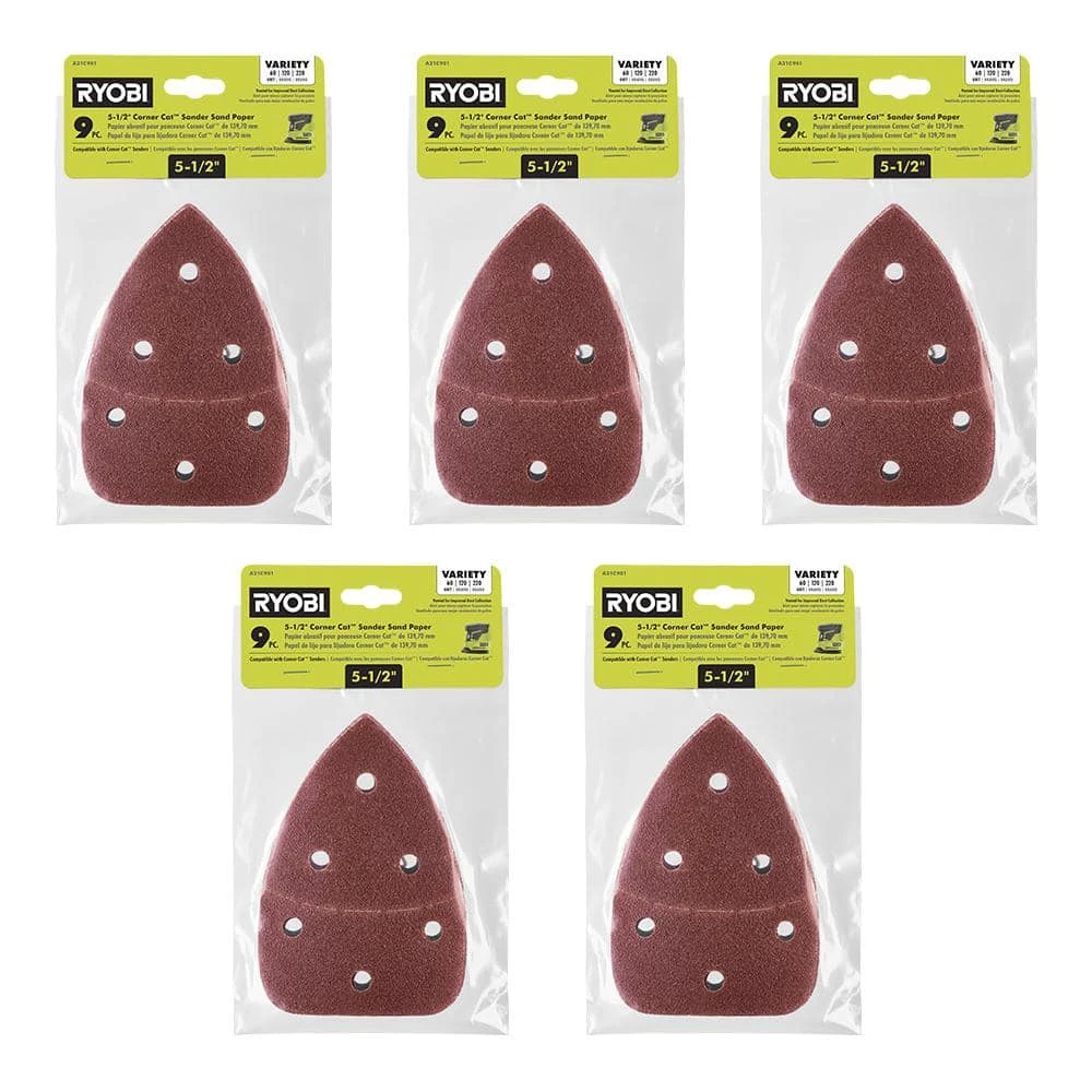 Ryobi 45-Piece 5-1/2 In. Corner Cat Sand Paper Assortment Set - 60, 120, And 220 Grit 1 Ryobi 45-Piece 5-1/2 In. Corner Cat Sand Paper Assortment Set - 60, 120, And 220 Grit