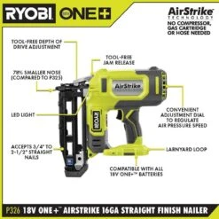 Ryobi ONE+ 18V Cordless 16-Gauge Cordless Straight Finish Nailer And 2.0 Ah Compact Battery Starter Kit -Ryobi Store ryobi finishing nailers p326 psk005 40 1000