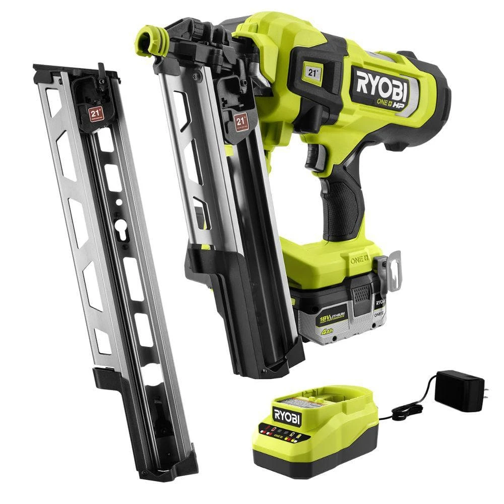 Ryobi ONE+ HP 18V Brushless Cordless AirStrike 21° Framing Nailer Kit W/ 4Ah Battery, Charger & 21° Extended Capacity Magazine 1 Ryobi ONE+ HP 18V Brushless Cordless AirStrike 21° Framing Nailer Kit W/ 4Ah Battery, Charger & 21° Extended Capacity Magazine