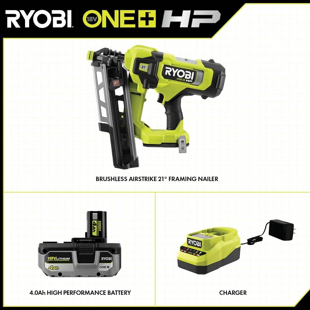 Ryobi ONE+ HP 18V Brushless Cordless AirStrike 21° Framing Nailer Kit W/ 4Ah Battery, Charger & 21° Extended Capacity Magazine 2 Ryobi ONE+ HP 18V Brushless Cordless AirStrike 21° Framing Nailer Kit W/ 4Ah Battery, Charger & 21° Extended Capacity Magazine - Image 2