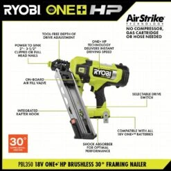 Ryobi ONE+ HP 18V Brushless Cordless 30° Framing Nailer Kit With 4.0 Ah HIGH PERFORMANCE Battery And Charger 16 Ryobi ONE+ HP 18V Brushless Cordless 30° Framing Nailer Kit With 4.0 Ah HIGH PERFORMANCE Battery And Charger -Ryobi Store ryobi framing nailers pbl350k 40 1000