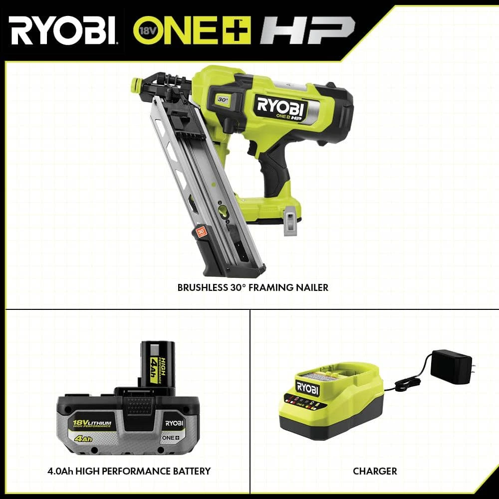 Ryobi ONE+ HP 18V Brushless Cordless 30° Framing Nailer Kit With 4.0 Ah HIGH PERFORMANCE Battery And Charger 2 Ryobi ONE+ HP 18V Brushless Cordless 30° Framing Nailer Kit With 4.0 Ah HIGH PERFORMANCE Battery And Charger - Image 2