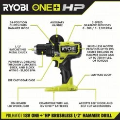 Ryobi ONE+ HP 18V Brushless Cordless 1/2 In. Hammer Drill (Tool Only) -Ryobi Store ryobi hammer drills pblhm101b 40 1000