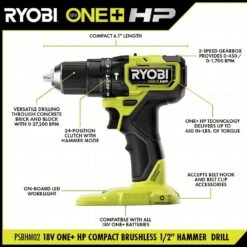 Ryobi ONE+ HP 18V Brushless Cordless Compact 1/2 In. Hammer Drill/Driver (Tool Only) 16 Ryobi ONE+ HP 18V Brushless Cordless Compact 1/2 In. Hammer Drill/Driver (Tool Only) -Ryobi Store ryobi hammer drills psbhm02b 40 1000