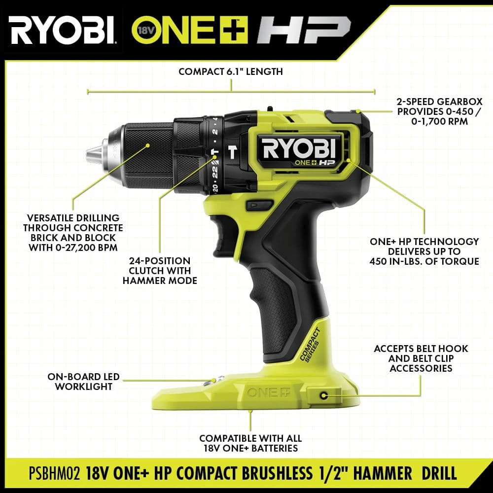 Ryobi ONE+ HP 18V Brushless Cordless Compact 1/2 In. Hammer Drill/Driver (Tool Only) 3 Ryobi ONE+ HP 18V Brushless Cordless Compact 1/2 In. Hammer Drill/Driver (Tool Only) - Image 3