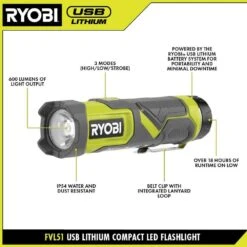 Ryobi USB Lithium 600 Lumen LED Compact Flashlight & 500 Lumen LED Pivoting Flip Light Kit W/ (2) Batteries & Charging Cables -Ryobi Store ryobi handheld flashlights fvl51k fvl52k 40 1000