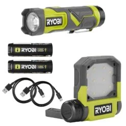 Ryobi USB Lithium 600 Lumen LED Compact Flashlight & 500 Lumen LED Pivoting Flip Light Kit W/ (2) Batteries & Charging Cables