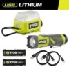 Ryobi USB Lithium LED Compact Flashlight And Compact Area Light Kit With (2) Batteries And Charging Cables