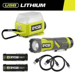 Ryobi USB Lithium LED Compact Flashlight And Compact Area Light Kit With (2) Batteries And Charging Cables
