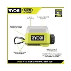 Ryobi USB Lithium LED Compact Flashlight And Compact Area Light Kit With (2) Batteries And Charging Cables -Ryobi Store ryobi handheld flashlights fvl51k fvl59k c3 1000