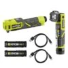Ryobi USB Lithium LED Compact Flashlight And Cordless High Pressure Portable Inflator Kit W/ (2) Batteries And Charging Cables