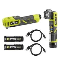 Ryobi USB Lithium LED Compact Flashlight And Cordless High Pressure Portable Inflator Kit W/ (2) Batteries And Charging Cables