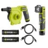 Ryobi USB Lithium LED Compact Flashlight And Cordless High Volume Inflator Kit With (2) Batteries And Charging Cables