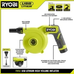 Ryobi USB Lithium LED Compact Flashlight And Cordless High Volume Inflator Kit With (2) Batteries And Charging Cables -Ryobi Store ryobi handheld flashlights fvl54k fvif61k c3 1000