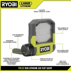 Ryobi USB Lithium Cordless Inspection Flashlight And Pivoting LED 3-Mode Flip Light Kit With (2) Batteries And Charging Cables -Ryobi Store ryobi handheld flashlights fvl56k fvl52k c3 1000