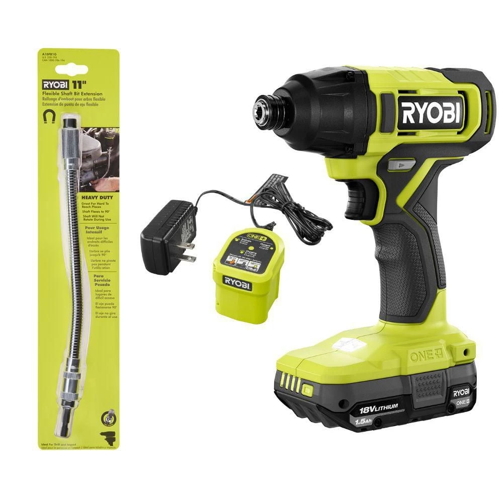 Ryobi ONE+ 18V Cordless 1/4 In. Impact Driver Kit With 1.5 Ah Battery, Charger, And 11 In. Flexible Shaft Bit Holder 1 Ryobi ONE+ 18V Cordless 1/4 In. Impact Driver Kit With 1.5 Ah Battery, Charger, And 11 In. Flexible Shaft Bit Holder