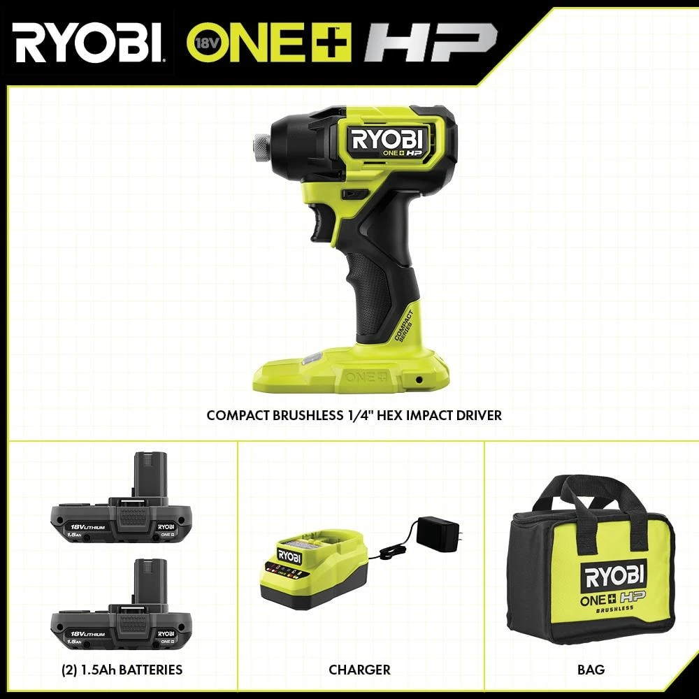 Ryobi ONE+ HP 18V Brushless Cordless Compact 1/4 In. Hex Impact Driver Kit With (2) 1.5 Ah Batteries And Charger 2 Ryobi ONE+ HP 18V Brushless Cordless Compact 1/4 In. Hex Impact Driver Kit With (2) 1.5 Ah Batteries And Charger - Image 2