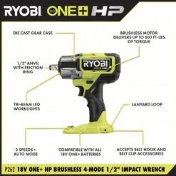 Ryobi ONE+ HP 18V Brushless Cordless 4-Mode 1/2 In. Impact Wrench Kit W/ 4.0 Ah HIGH PERFORMANCE Lithium-Ion Battery & Charger -Ryobi Store ryobi impact wrenches p262k1 40 1000