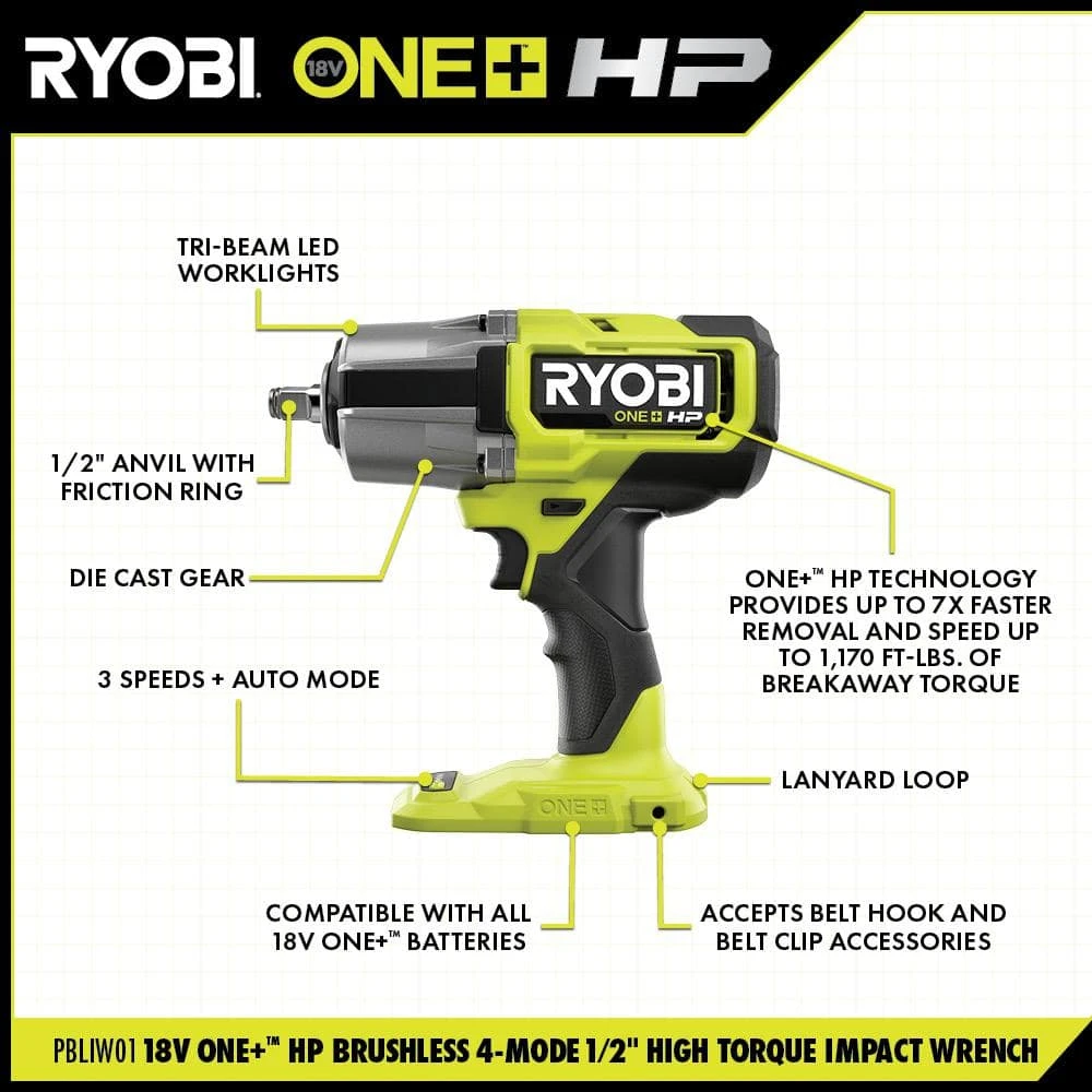 Ryobi ONE+ HP 18V Brushless Cordless 4-Mode 1/2 In. High Torque Impact Wrench Kit With (2) 4.0 Ah Batteries And Charger 2 Ryobi ONE+ HP 18V Brushless Cordless 4-Mode 1/2 In. High Torque Impact Wrench Kit With (2) 4.0 Ah Batteries And Charger - Image 2