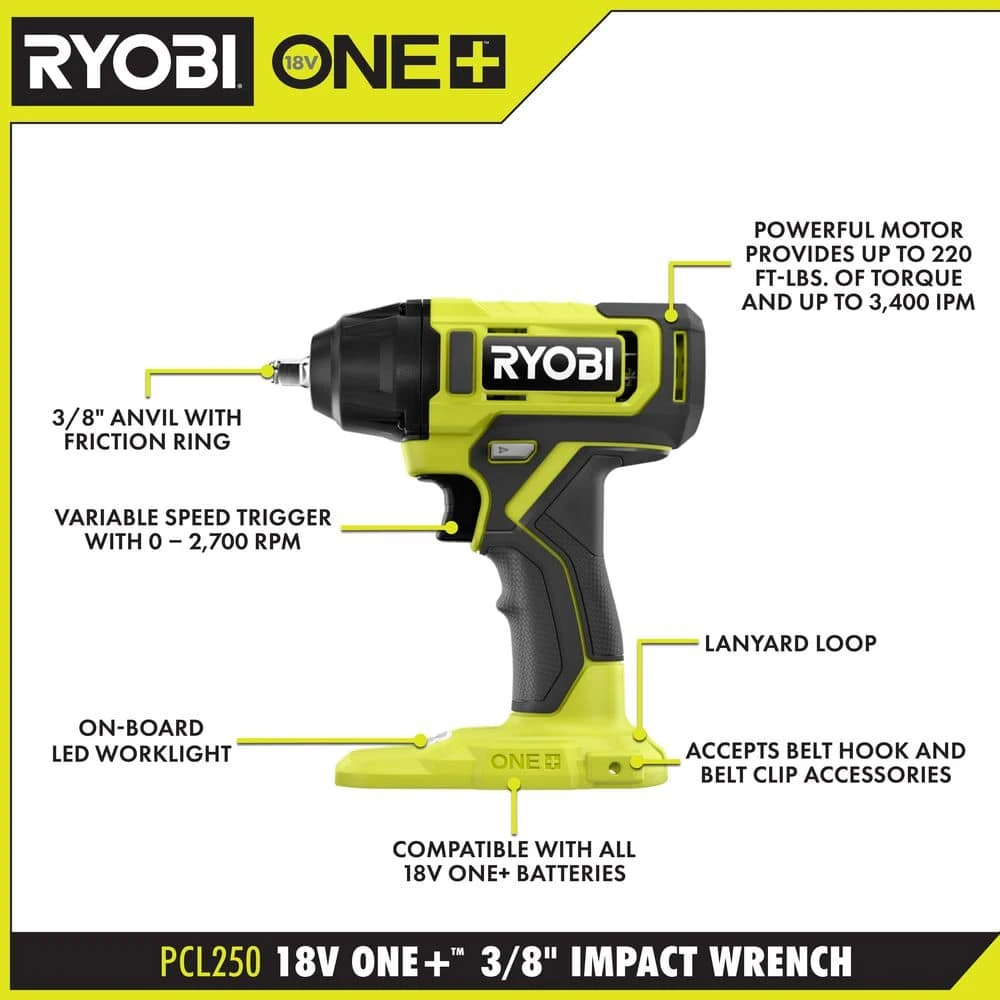 Ryobi ONE+ 18V Cordless 3/8 In. Impact Wrench Kit With 4 Ah Battery, 2Ah Battery, And 18V Charger 3 Ryobi ONE+ 18V Cordless 3/8 In. Impact Wrench Kit With 4 Ah Battery, 2Ah Battery, And 18V Charger - Image 3