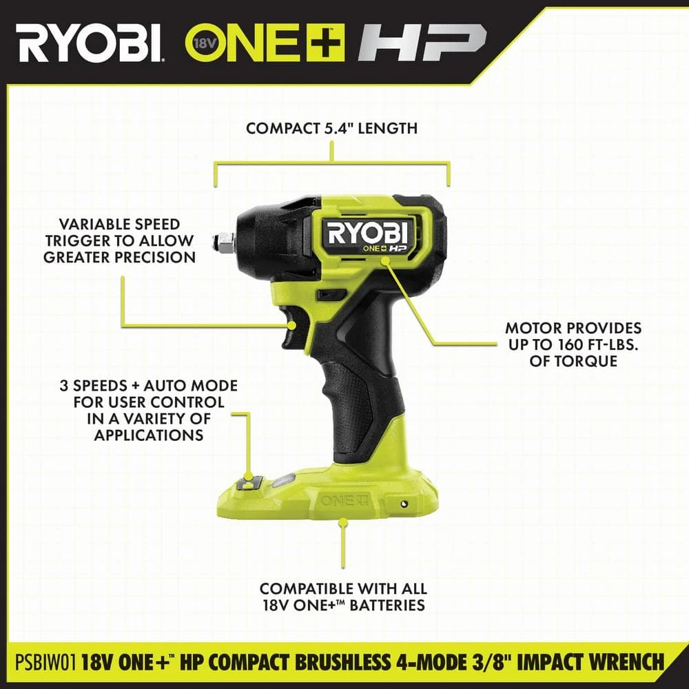 Ryobi ONE+ HP 18V Brushless Cordless Compact 3/8 In. Impact Wrench Kit With 1.5 Ah Battery And 18V Charger 3 Ryobi ONE+ HP 18V Brushless Cordless Compact 3/8 In. Impact Wrench Kit With 1.5 Ah Battery And 18V Charger - Image 3