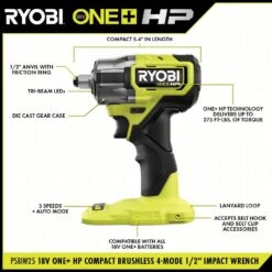 Ryobi ONE+ HP 18V Brushless Cordless Compact 1/2 In 4 Mode Impact Wrench With 4.0 Ah HIGH PERFORMANCE Battery -Ryobi Store ryobi impact wrenches psbiw25b pbp004 40 1000