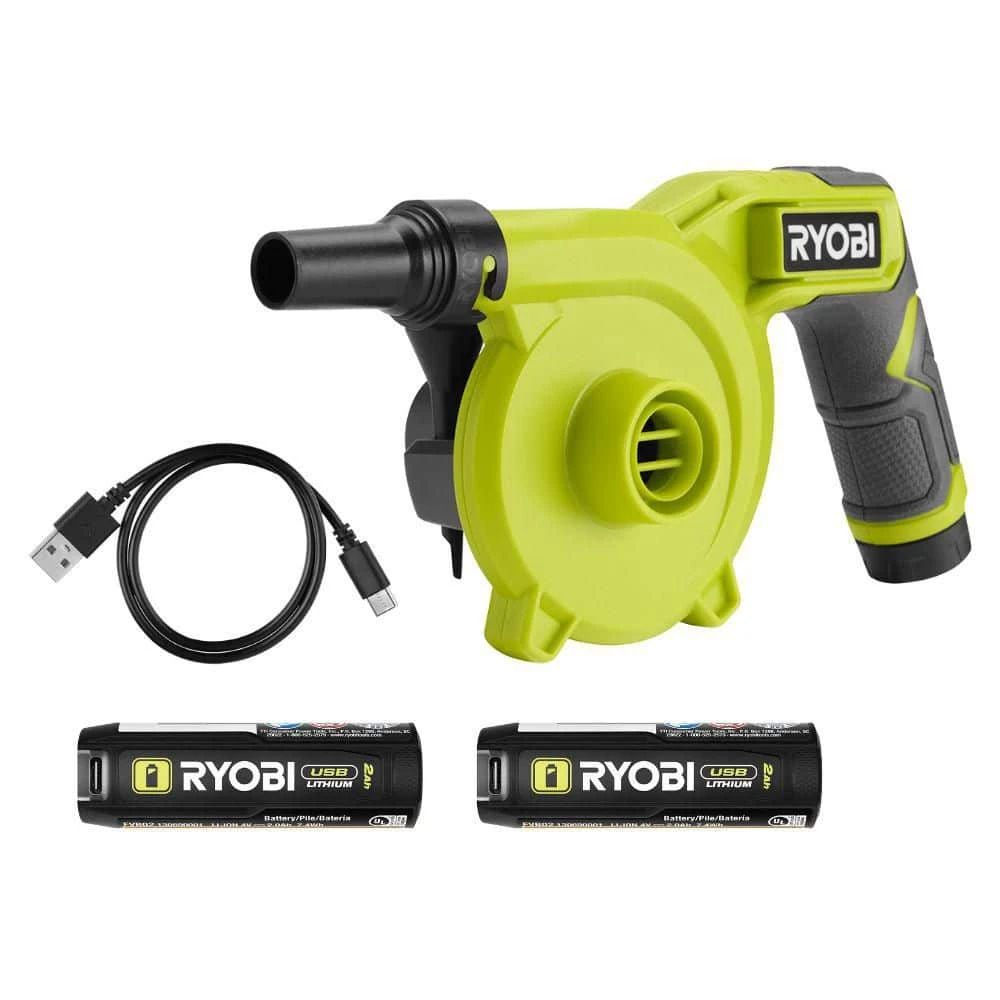 Ryobi USB Lithium Cordless High Volume Inflator Kit With 2Ah Battery, Charging Cable, Accessories, And FREE 2.0Ah Battery 1 Ryobi USB Lithium Cordless High Volume Inflator Kit With 2Ah Battery, Charging Cable, Accessories, And FREE 2.0Ah Battery