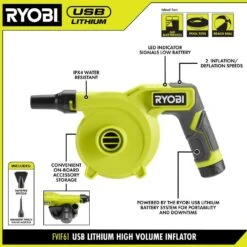 Ryobi USB Lithium Cordless High Volume Inflator Kit With USB Lithium 2.0 Ah Battery, Charging Cable, & 3.0 Ah Battery (2-Pack) -Ryobi Store ryobi inflators fvif61k fvb203 40 1000
