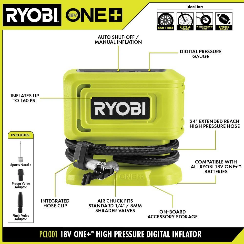 Ryobi ONE+ 18V Cordless High Pressure Inflator With High Volume Inflator, 4.0 And 2.0 Ah Batteries, And Charger 3 Ryobi ONE+ 18V Cordless High Pressure Inflator With High Volume Inflator, 4.0 And 2.0 Ah Batteries, And Charger - Image 3