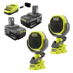 Ryobi ONE+ 18V Lithium-Ion 4.0 Ah Compact Battery (2-Pack) And Charger Kit With Clamp Speaker (2-Pack) -Ryobi Store ryobi jobsite audio psk006 pcl6152p d4 1000