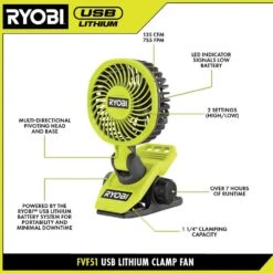 Ryobi USB Lithium Clamp Fan Kit With 2.0 Ah USB Lithium Battery, Charging Cable, And Extra USB Lithium 3.0 Ah Battery 15 Ryobi USB Lithium Clamp Fan Kit With 2.0 Ah USB Lithium Battery, Charging Cable, And Extra USB Lithium 3.0 Ah Battery -Ryobi Store ryobi jobsite fans fvf51k fvb03 40 1000