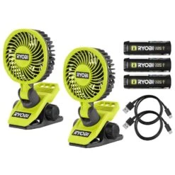 Ryobi USB Lithium Clamp Fan Kit (2-Pack) W/ (2) 2.0 Ah USB Lithium Battery, (2) Charging Cables, & 3.0 Ah USB Lithium Battery