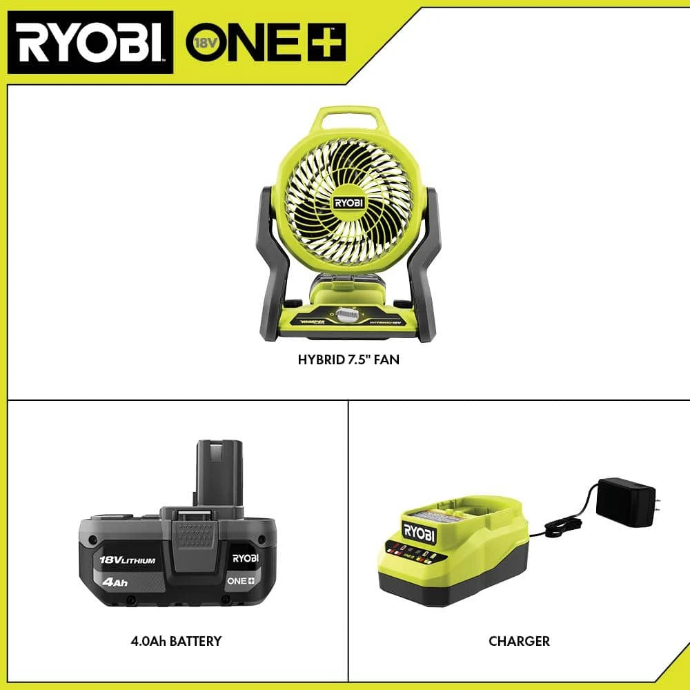 Ryobi ONE+ 18V Cordless Hybrid WHISPER SERIES 7-1/2 In. Fan Kit With 4.0 Ah Battery And Charger 2 Ryobi ONE+ 18V Cordless Hybrid WHISPER SERIES 7-1/2 In. Fan Kit With 4.0 Ah Battery And Charger - Image 2