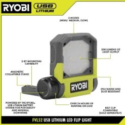 Ryobi USB Lithium Cordless Pivoting LED 3-Mode Flip Light And Pivoting Head Flashlight Kit W/ (2) Batteries & Charging Cables -Ryobi Store ryobi jobsite lighting fvl52k fvl54k 40 1000