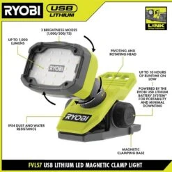 Ryobi USB Lithium Cordless Magnetic Clamp Light Kit With 2.0 Ah Battery And Charging Cable 16 Ryobi USB Lithium Cordless Magnetic Clamp Light Kit With 2.0 Ah Battery And Charging Cable -Ryobi Store ryobi jobsite lighting fvl57k 40 1000